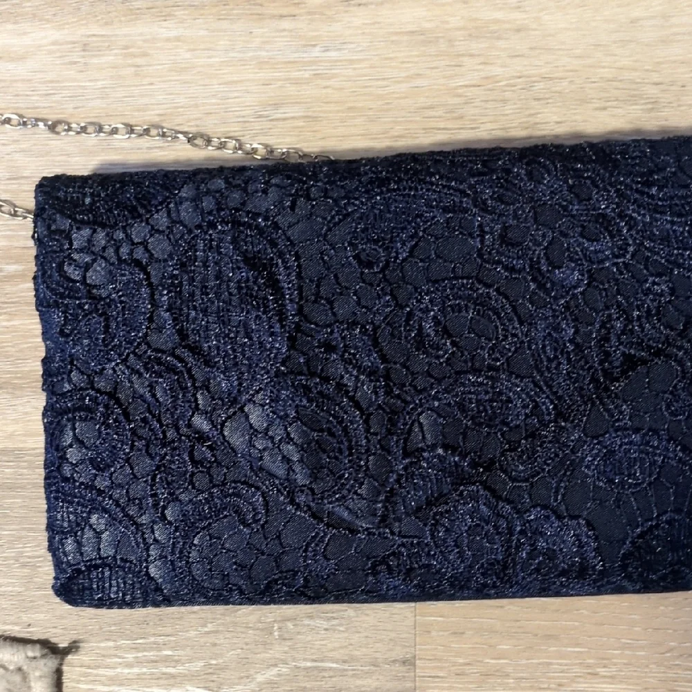 Navy Lace Envelope Clutch with Chain Strap - Women's Evening Bag - Picture 2 of 6